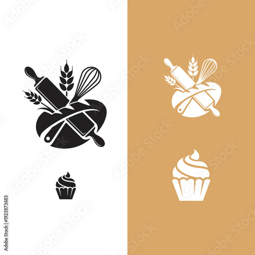 Bakery and Confectionery Logo Designs with Rolling Pin Whisk and Wheat.
