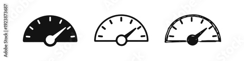 Speedometer gauge icon set. Vehicle velocity meter with pointer in silhouette, linear, and doodle drawing vector.