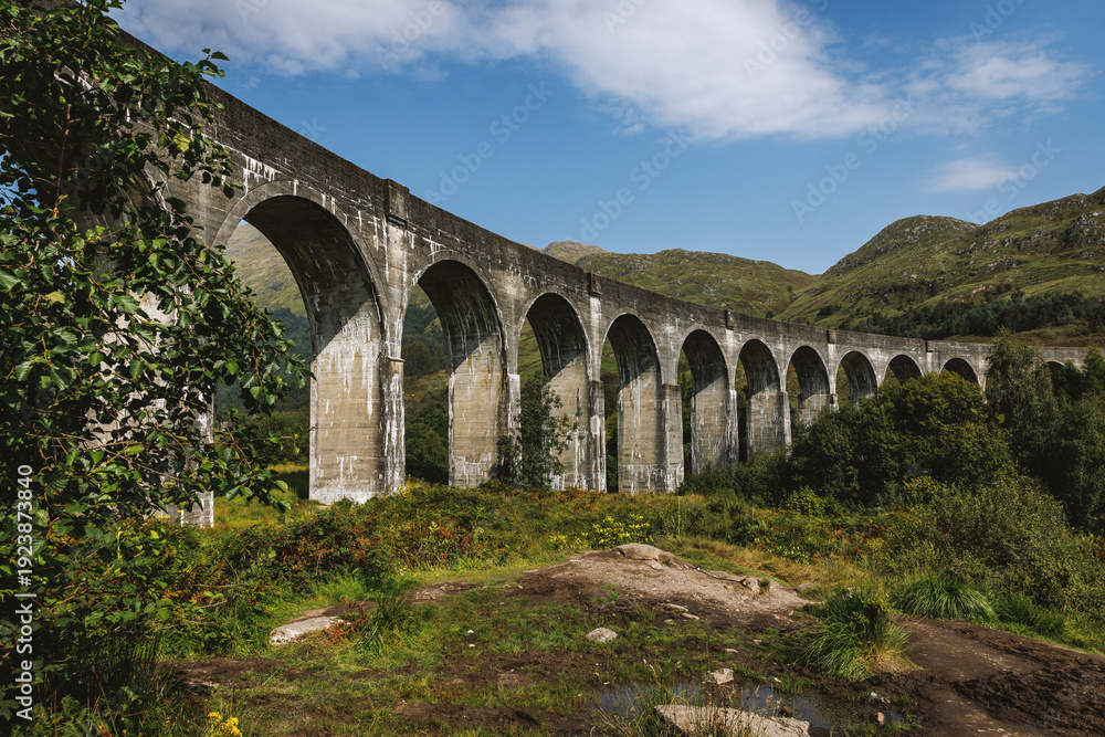 Fototapeta premium Glenfinnan Viaduct railway bridge curving through the green Highland landscape