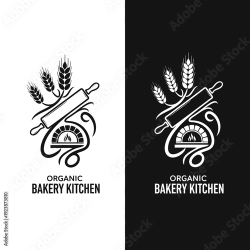 Organic Bakery Kitchen Logo with Wheat and Rolling Pin.