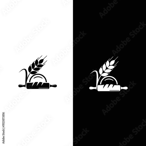 Bakery logo with wheat ear, bread, and rolling pin in black and white.