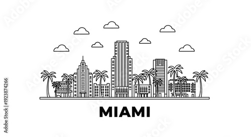 Miami City Skyline Outline Illustration with Palm Trees and Clouds