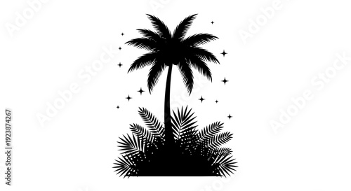 Palm Tree Silhouette with Tropical Foliage and Stars Illustration
