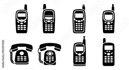 Collection of vintage and modern mobile phone icons, evolution of communication technology