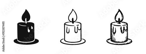 Burning Candle Icon Set - Solid, Outline, and Hand-Drawn Styles for Light, Celebration, and Ambiance