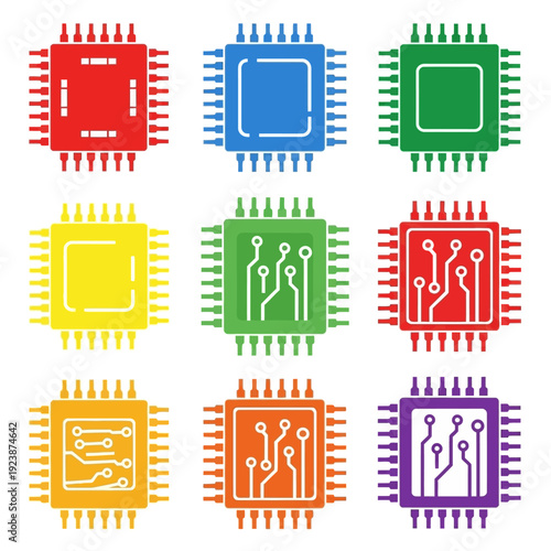 Colorful Microchip Icons: Technology and Innovation Concept
