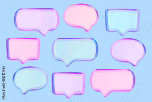 Color glass speech bubbles 3d realistic illustrations set. Pink, blue and purple text boxes with empty space for a message. Vector illustration