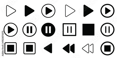 A collection of black and white media player control icons including play pause and rewind symbols
