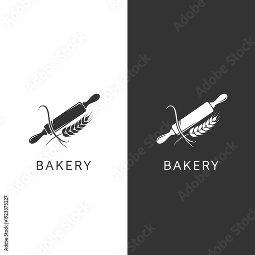 Minimalist Bakery Logo Design with Rolling Pin and Wheat Stalks.