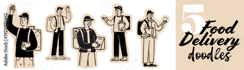 Hand drawn doodle of a food delivery courier with a thermal backpack for app and service concepts