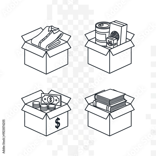 Donation Boxes With Clothes, Food, Money, And Books, Charity Concept
