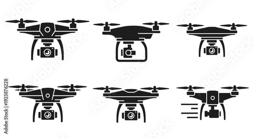 Drone Icons Set: Quadcopter Collection with Camera and Gimbal, Vector Graphics