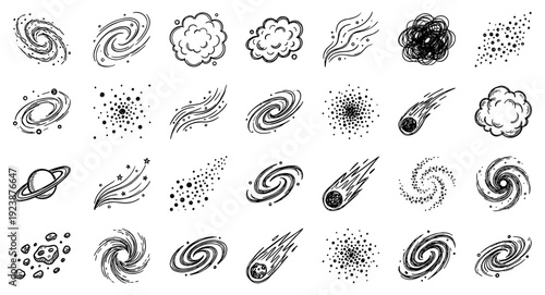 Hand Drawn Space Elements Collection Black and White Doodle Icons Set Galaxies Nebulae Stars Comets Asteroids Saturn Planets Celestial Bodies Cosmic Universe Simple Line Art Vector Illustration Isolat