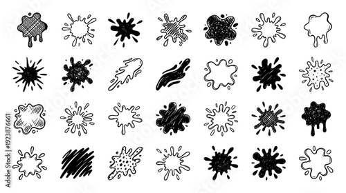Hand Drawn Ink Splatters Paint Splashes and Grunge Blots Collection Black Doodle Elements Set Abstract Liquid Shapes Vector Illustration
