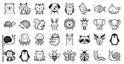 Cute Hand Drawn Cartoon Animals Doodle Sketch Collection Vector Set Adorable Wildlife Forest Zoo Farm Sea Creatures Characters Pack Kids Children Design Elements Education Illustration Isolated Vector