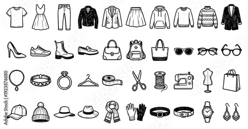 Hand Drawn Fashion Clothing and Accessories Set Doodle Style Apparel Wardrobe Elements Collection with Footwear Bags Hats Jewelry and Sewing Tools on White Background hand drawn
