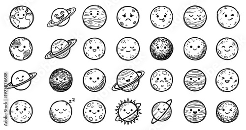 Cute Hand Drawn Cartoon Planets Solar System Doodle Set Diverse Emotions Expressions Black White Vector Illustration Kids Education Adorable Kawaii Space Elements
