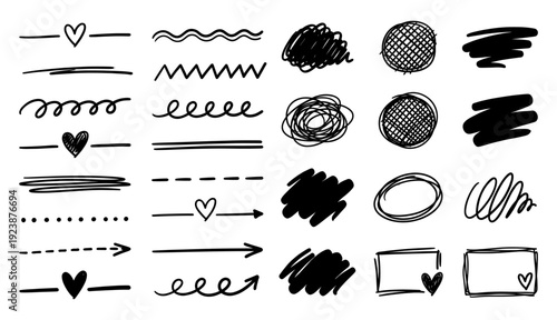 Hand Drawn Doodle Lines Arrows Hearts Frames Scribbles Collection Artistic Sketch Elements Graphic Design Education Creative Projects Underlines Dividers Accents Set Black and White Vector