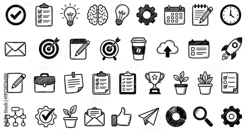 Hand Drawn Business Productivity and Success Icon Set Doodle Style Vector Collection Sketchy Black and White Office Work and Startup Concept Symbols for Project Management Idea Time Target Growth