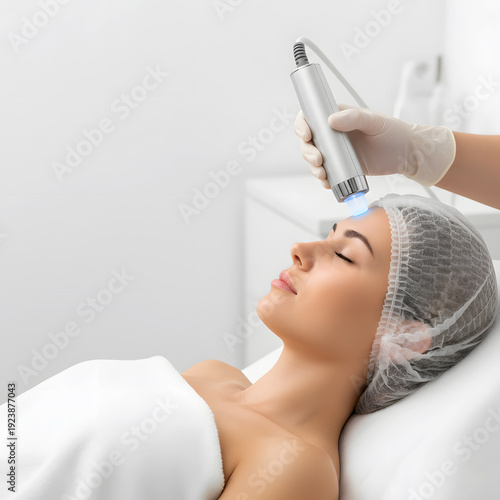 Electroporation Facial Rejuvenation Treatment with Aesthetic Device on Woman Forehead by Gloved Practitioner in MedSpa with Copy Space