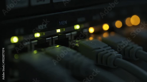 Close Up of Server Rack Lights and Network Cables in Data Center Glowing Green and Amber Soft Bokeh Background