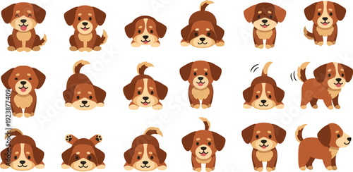 Cute Puppy Dog Cartoon Character Poses Collection with Sitting Lying Jumping and Tail Wagging Pet Flat Vector Illustration Set Police Stop