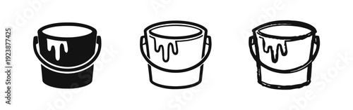 Paint can icon collection with drips. Art, craft, and home decoration symbol in different artistic styles.