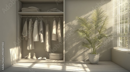 Serene Minimalist Closet Design with Soft Natural Light, Hanging Clothes, Neat Storage, and a Lush Green Plant in a Calm Indoor Space