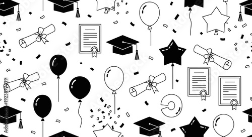 Graduation Celebration Seamless Pattern: Caps, Diplomas, Balloons, Stars, Confetti