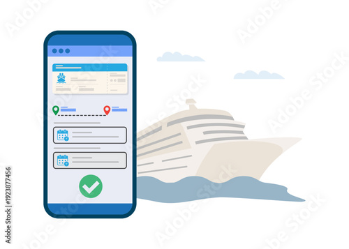 Online booking for cruise ship travel on mobile app stock illustration.