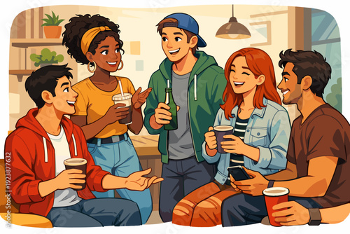 Diverse group of friends laughing and chatting together indoors, social gathering illustration