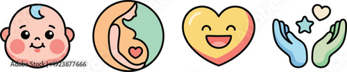 Adorable baby icon alongside pregnant mother heart and caring hands symbolizes family love