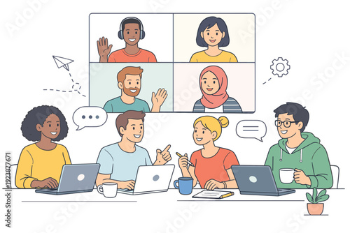 Hybrid team meeting with coworkers collaborating at desk and remote colleagues on video call illustration