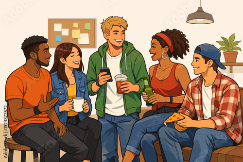 Diverse group of friends sitting together and chatting indoors, social gathering illustration
