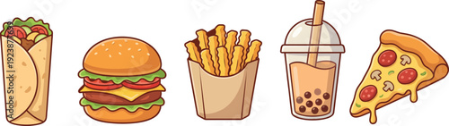 A collection of popular cartoon fast food items including a wrap burger fries bubble tea and pizza slice