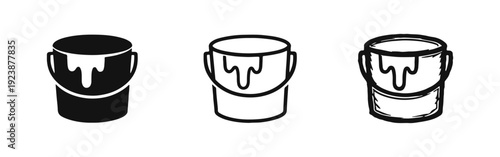 Paint bucket icon set. Paint can with dripping liquid symbol for renovation and art projects in various styles.