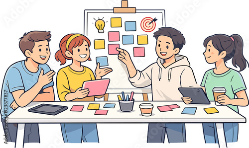 Creative team brainstorming ideas with sticky notes at meeting table, collaboration illustration