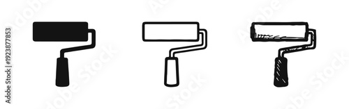 Paint roller icon set. Home renovation and painting tool symbol in solid, outline, and hand-drawn styles.