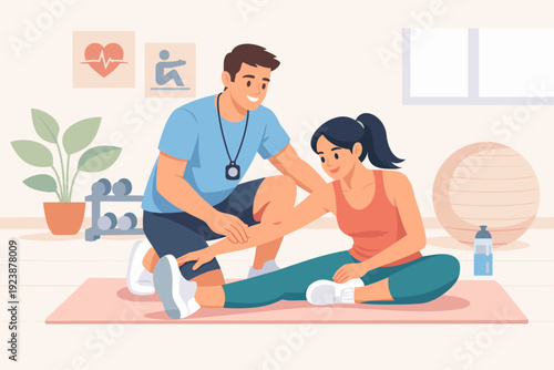 Physiotherapist assisting woman with leg stretch on mat at home rehab session illustration