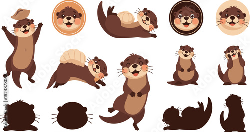 Cute River Otter Cartoon Character Collection with Playing Standing Rolling and Face Icons Wildlife Flat Vector Illustration Set Police Stop