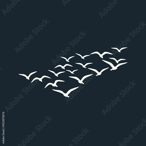 Flock of white birds flying in formation against a dark blue background