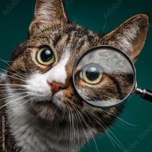 Cute cat holding a magnifying glass, looking directly through it at the viewer