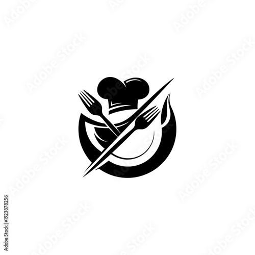 Chef Hat Plate Fork and Knife Restaurant Logo Design.