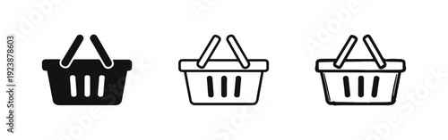 Shopping basket icons collection. Empty cart symbol for e-commerce and retail applications in different styles.