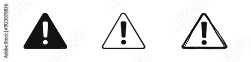 Warning sign icon set. Danger caution symbol with exclamation mark in various graphic styles.