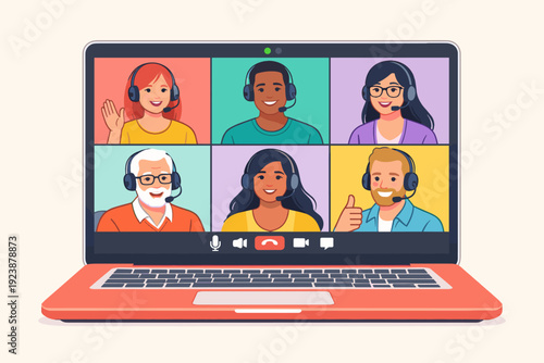 Online group video conference with diverse people on laptop screen, virtual meeting illustration