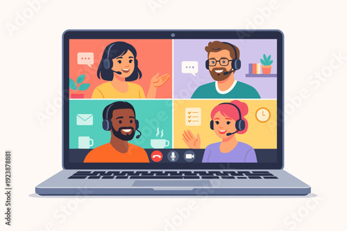 Online video call with diverse friends on laptop screen, virtual meeting illustration