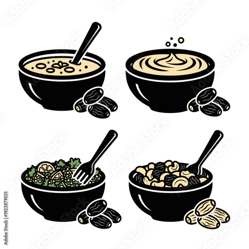 Healthy Food Bowls Assortment: Oatmeal, Hummus, Salad, Nuts & Dates