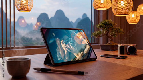 Lifestyle traveler memory authentic moments into digital tablet in scenic mountain retreat still life