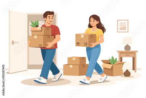 Young couple moving into new home carrying boxes, relocation and house move illustration